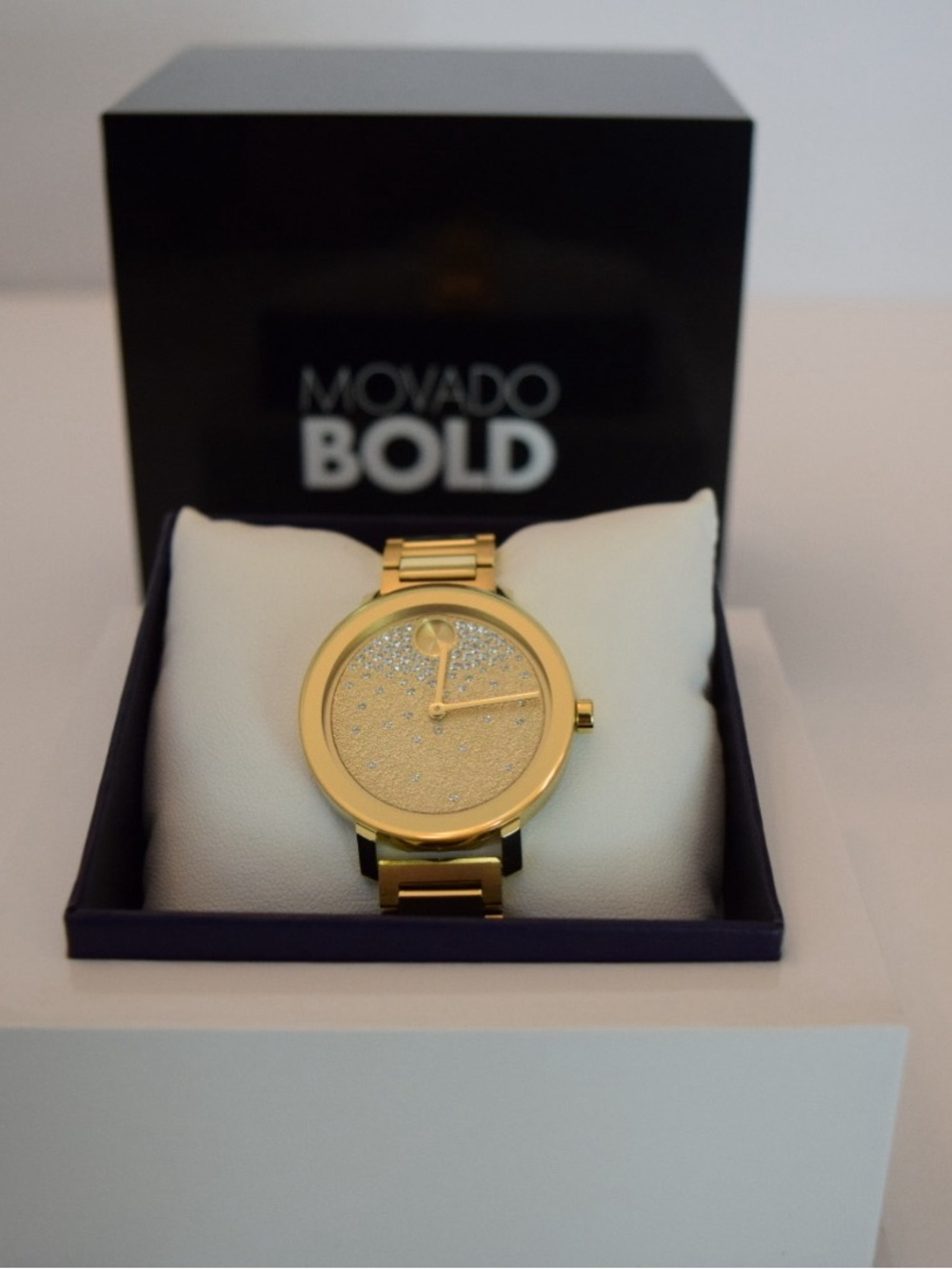Movado Gold Tone Crystal Pavé Dial Bracelet Watch